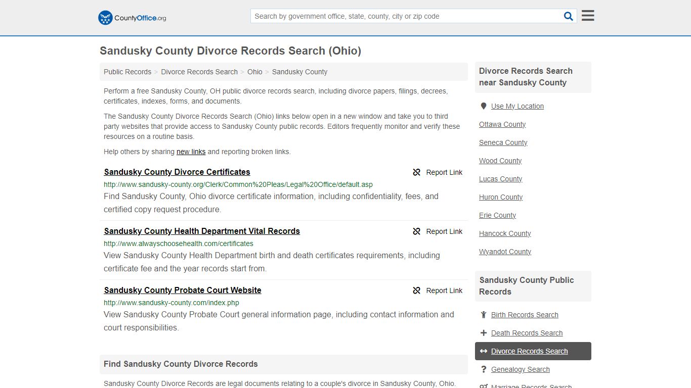 Sandusky County Divorce Records Search (Ohio) - County Office